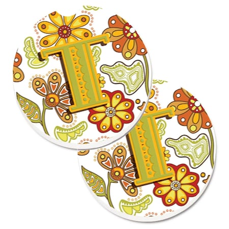 Carolines Treasures Letter T Floral Mustard and Green Set of 2 Cup Holder Car Coaster CJ2003-TCARC